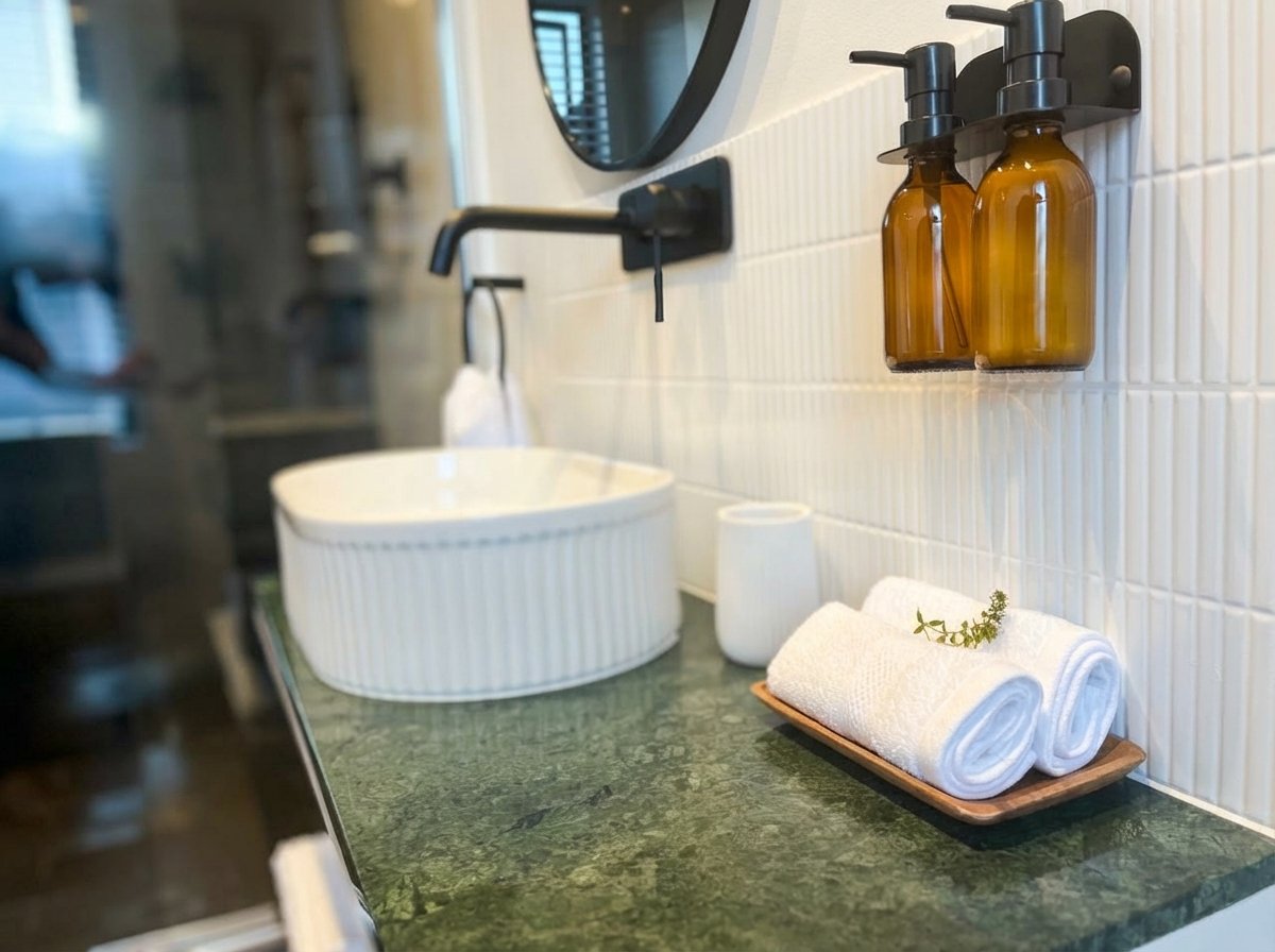 Bathroom vanity with amber glass soap dispensers and luxury towels