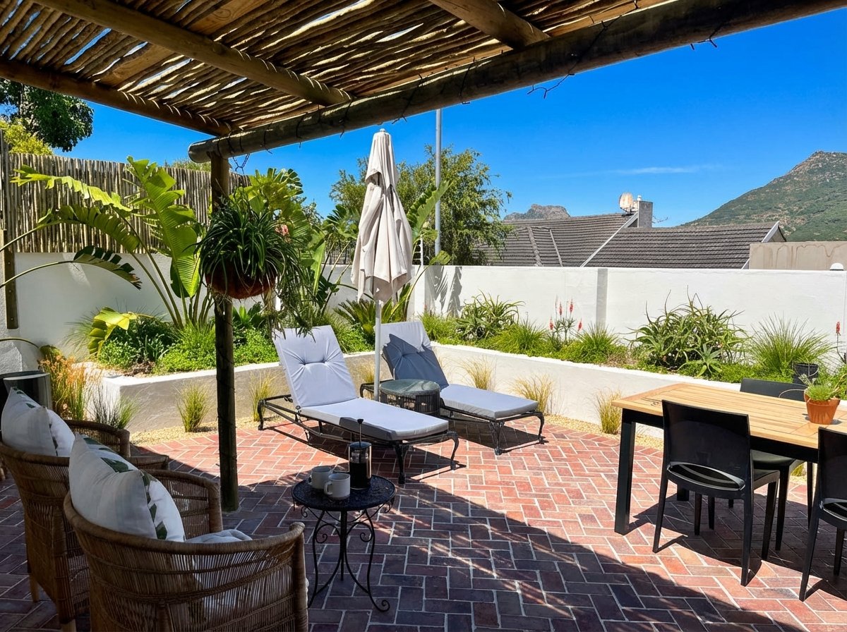 Patio with sun loungers under pergola and breathtaking mountain views
